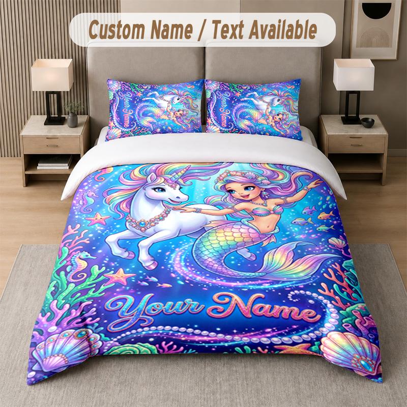 Unicorn Theme Custom Text Or Name 3Pcs Bedding Set 1 Flat Sheet & 2 Pillowcases Personalized Home Bedding