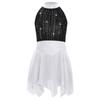 Girls Lyrical Dance Costume Sparkle Rhinestones Keyhole Back Irregular Chiffon Hem Skating Dress