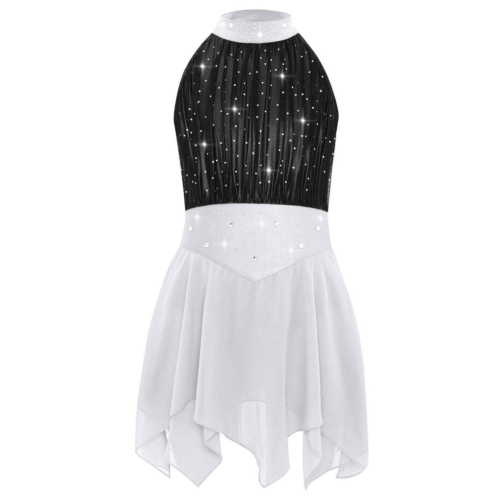 Girls Lyrical Dance Costume Sparkle Rhinestones Keyhole Back Irregular Chiffon Hem Skating Dress