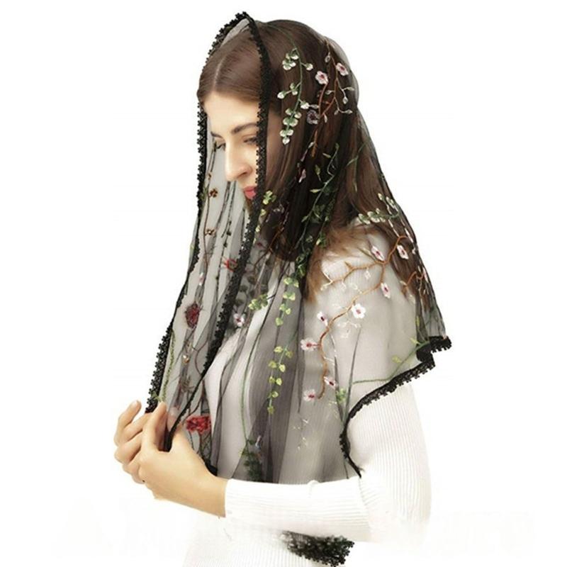 

Vintage Bridal Scarf Flower Pattern Shawl Breathable Rectangle Wedding Veil for Bride Bridesmaids чорний
