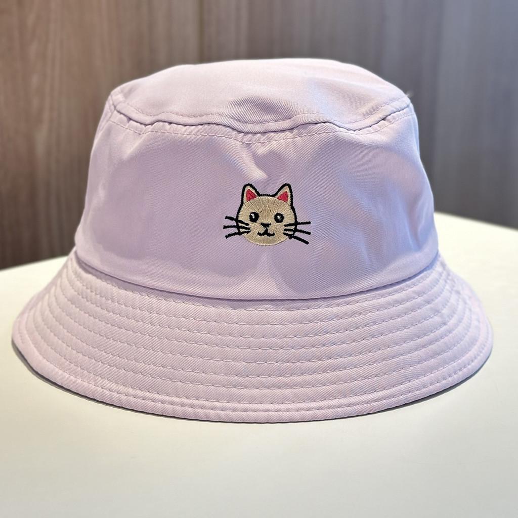 Cat Embroidered Cotton Fisherman Hat With Sun Protection For Casual Summer Wear