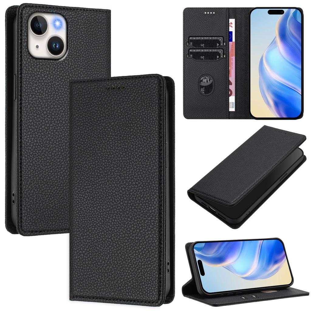 For iPhone 15 Wallet Case RFID Blocking Litchi Texture Leather Mobile Cover