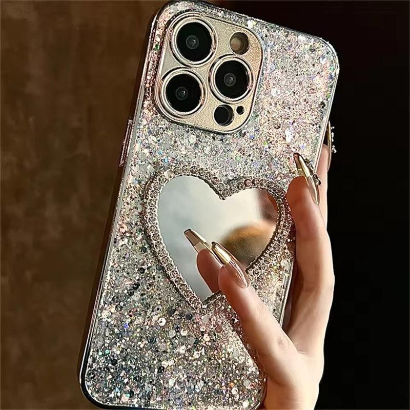 Luksusowe etui z błyszczącym brokatem 3D Love Heart Mirror Sequins na iPhone'a 16 14 15 13 12 Pro Max 11 INS Lens Protection Cover