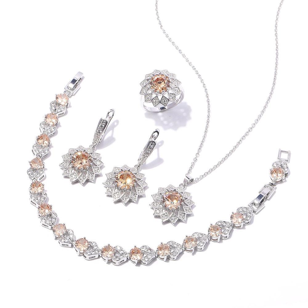 Round Zircon Necklace Earrings Ring Bracelet Set, Copper Set Zircon Platinum Plated Jewelry, Multicolor