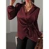 Spring and Winter Lace Up Waist Cinching Shirt New  Long Sleeved Women Blouse Shirt with Tie Up Waist Fashion Tops Casual V Neck Clothing