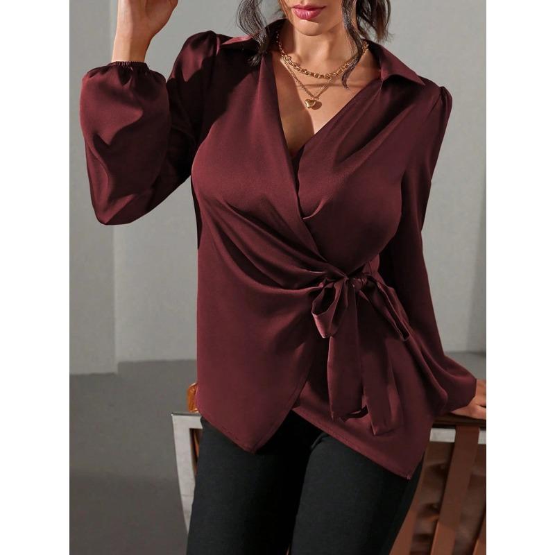 Spring and Winter Lace Up Waist Cinching Shirt New Long Sleeved Women Blouse Shirt with Tie Up Waist Fashion Tops Casual V Neck Clothing