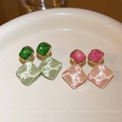 Fresh Dripping Oil Sparkling Square Stud Earrings, Niche High-end Color Rhombus Earrings Ins Simple Style Earrings