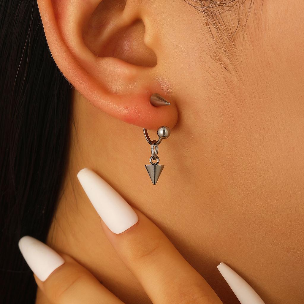Silver Tone Spike & Black Bead Hoop Earrings, Gothic Punk Rock Rivet Drop Earrings for Women