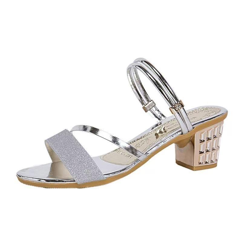 Medium Heel Sandals Women's New Comfortable Thick Heel Fashion Sequins One Shoe Two Wear One Word Buckle Sandals