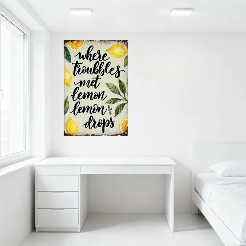 Vintage Distressed Light Green Metal Tin Sign 'Where Troubles Met Lemon Lemon Drops' with Lemons & Leaves for Kitchen Home Decor