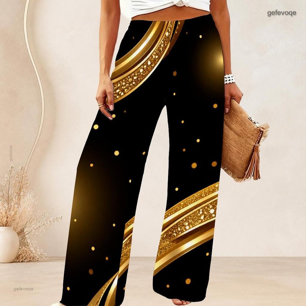 Women Plus Size Black Gold Glitter Striped Dots Print High Waist Wide Leg Long Pants Casual Loose Comfortable Trousers For Daily Party Wear
