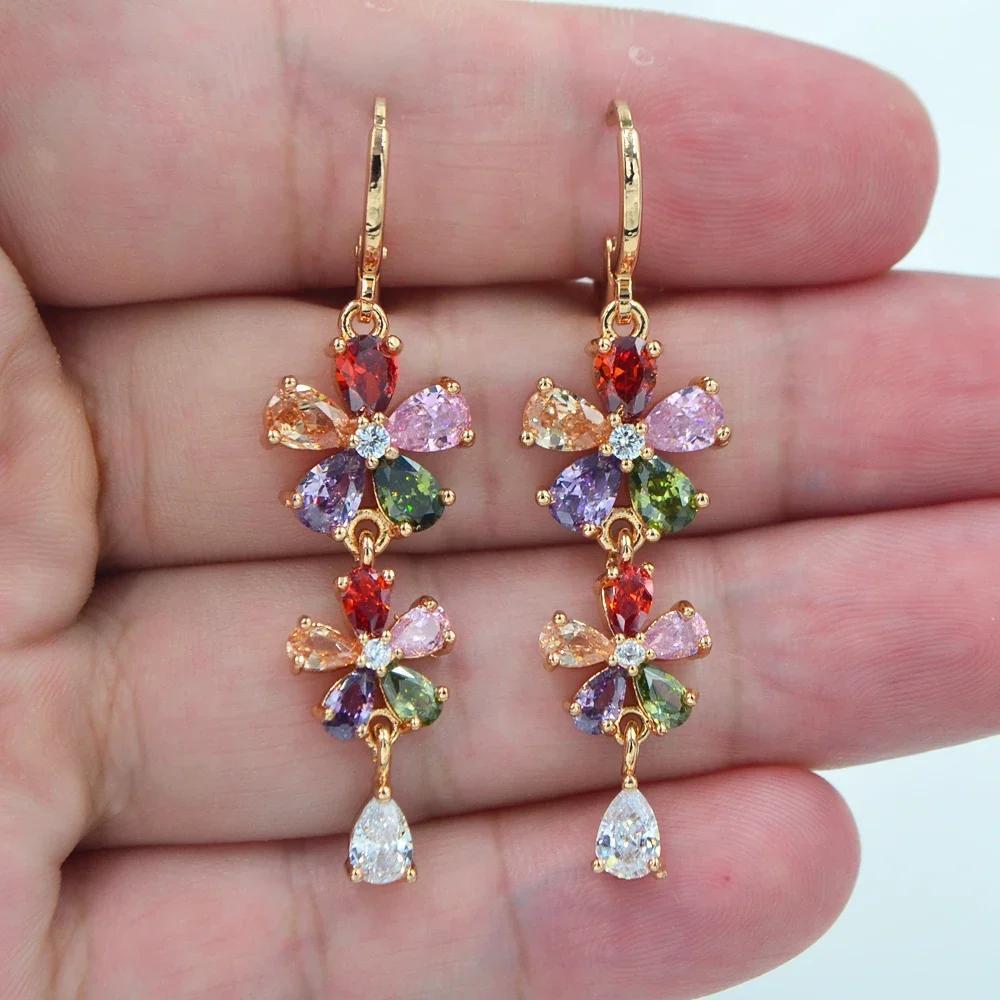 Women's Multi-color Cubic Zirconia Wedding Earrings Luxurious and able, Hanging Flowers, Jewelry