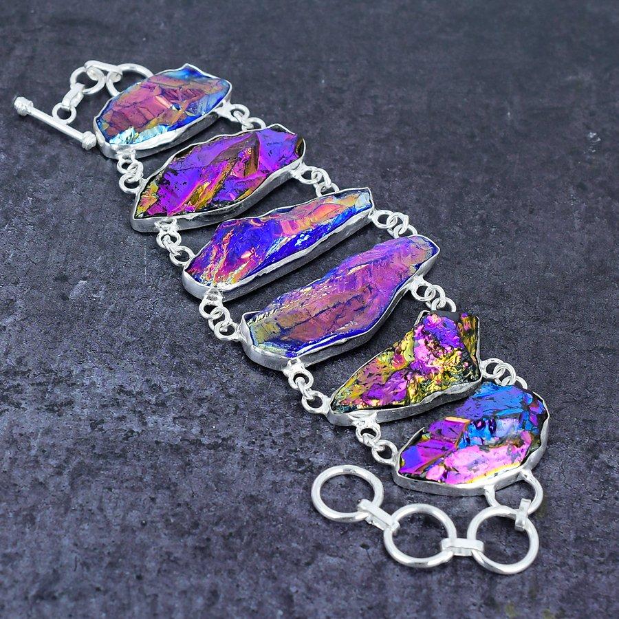 Natural Peacock Titanium Aura Gemstone 925 Sterling Silver Bracelet 7-8" s1Q74