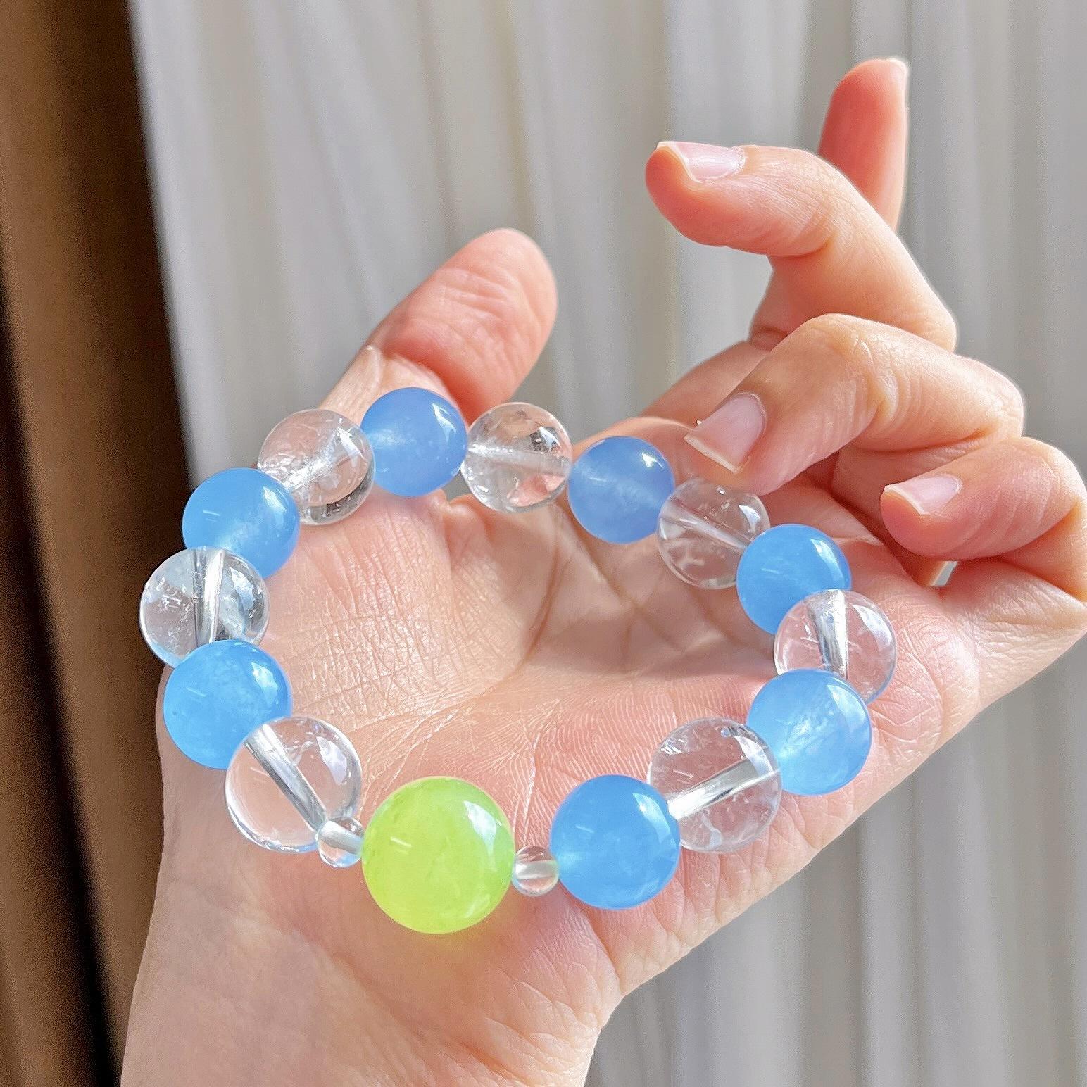 12Mm Vintage Blue Quartz Rock Natural White Crystal Design Bracelet Bracelet