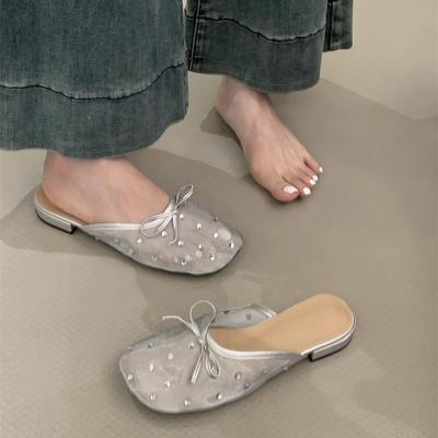 Women's Summer Rhinestone Decor Lace Mules Breathable Mesh Ladies Slippers Cover Toe Dress Flats Slides for Women