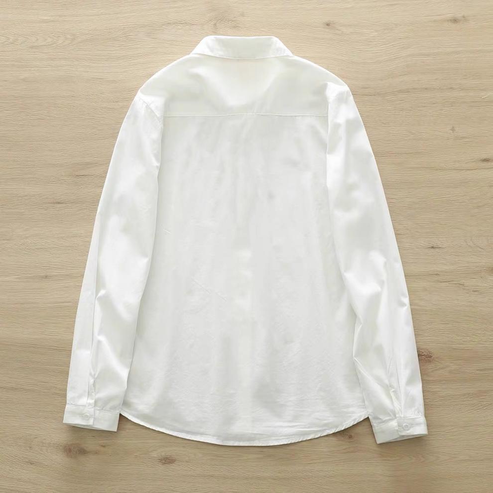 Women's Long Sleeve White Cotton Shirt with Rabbit and Radish Embroidery – Spring & Autumn Collection