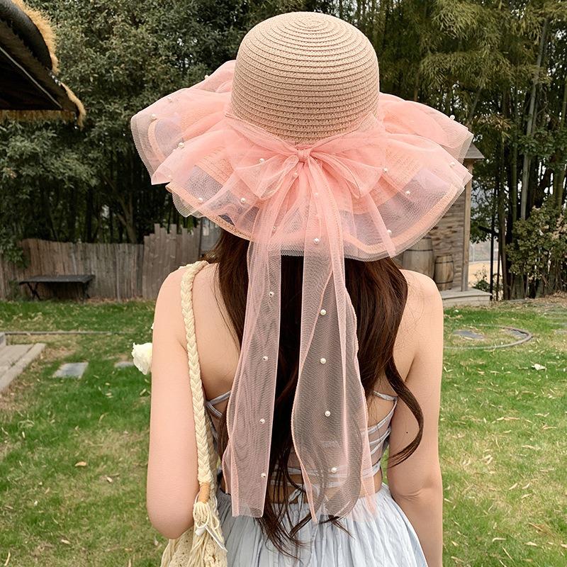 Summer Bow Sun Hat Female, Seaside Beach Vacation Sun Hat Outdoor Big Brim Sun Hat Sweet Straw Hat