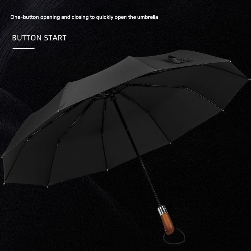 Light Luxury Fully Automatic Wooden Handle 10 Bone Reinforced Windproof Umbrella Men's Advertising Business Gift Umbrella