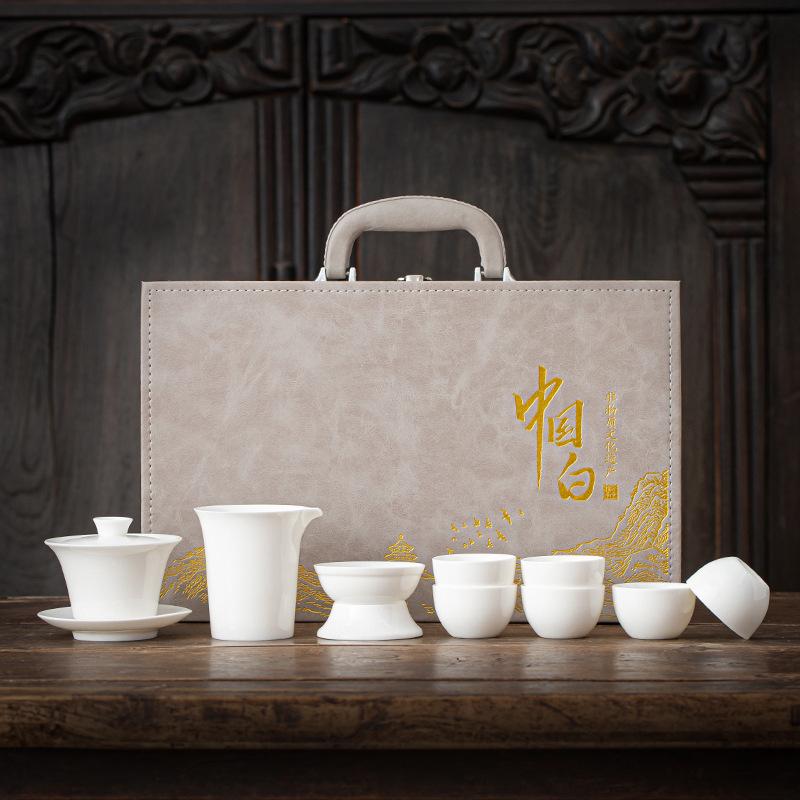Suet jade white porcelain kung fu tea set home office teapot cover bowl teacup