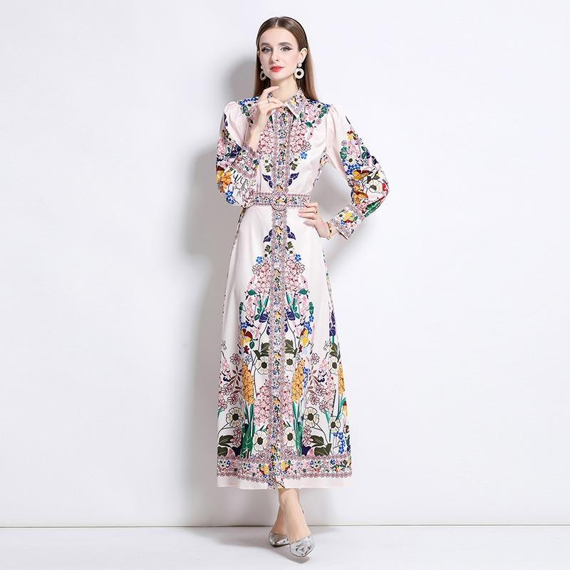 Spring Autumn Women Vintage Exquisite Print Runway Dresses Turn-down Collar Single Breasted Long Maxi Shirt Party Dress for Graduation