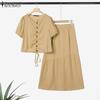 ZANZEA Women Short Sleeve Drawstring Blouse and Long Skirts Summer Two Piece Sets