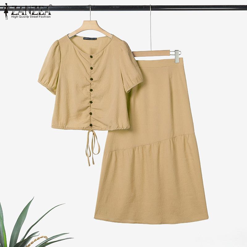 ZANZEA Women Short Sleeve Drawstring Blouse and Long Skirts Summer Two Piece Sets