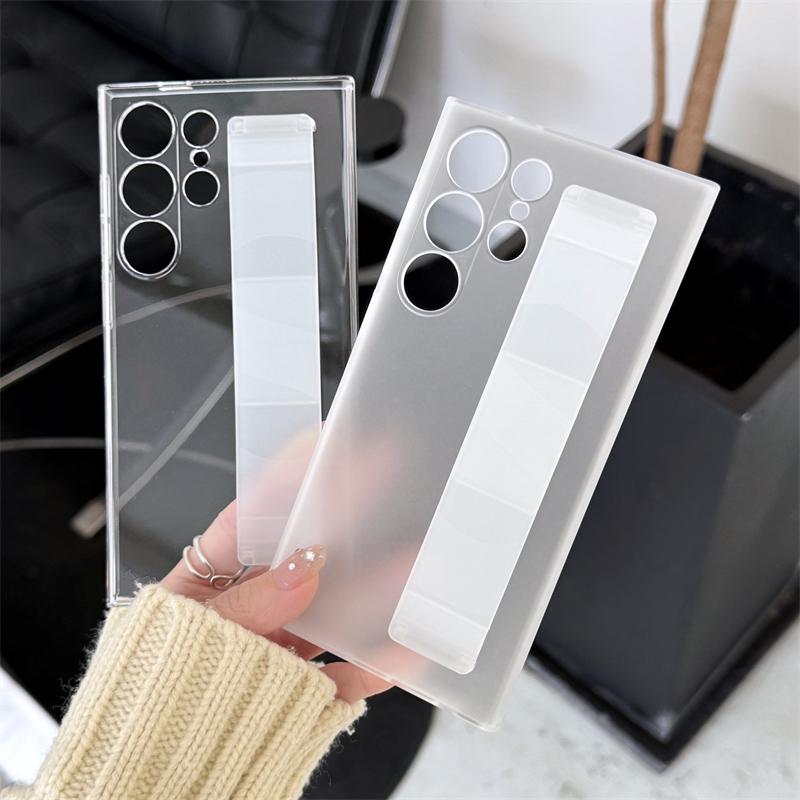 Handheld Silicone Elastic Wrist Strap Hard PC Phone Case For Samsung Galaxy S25 S24 S23 Ultra Plus Matte Clear Shockproof Cover