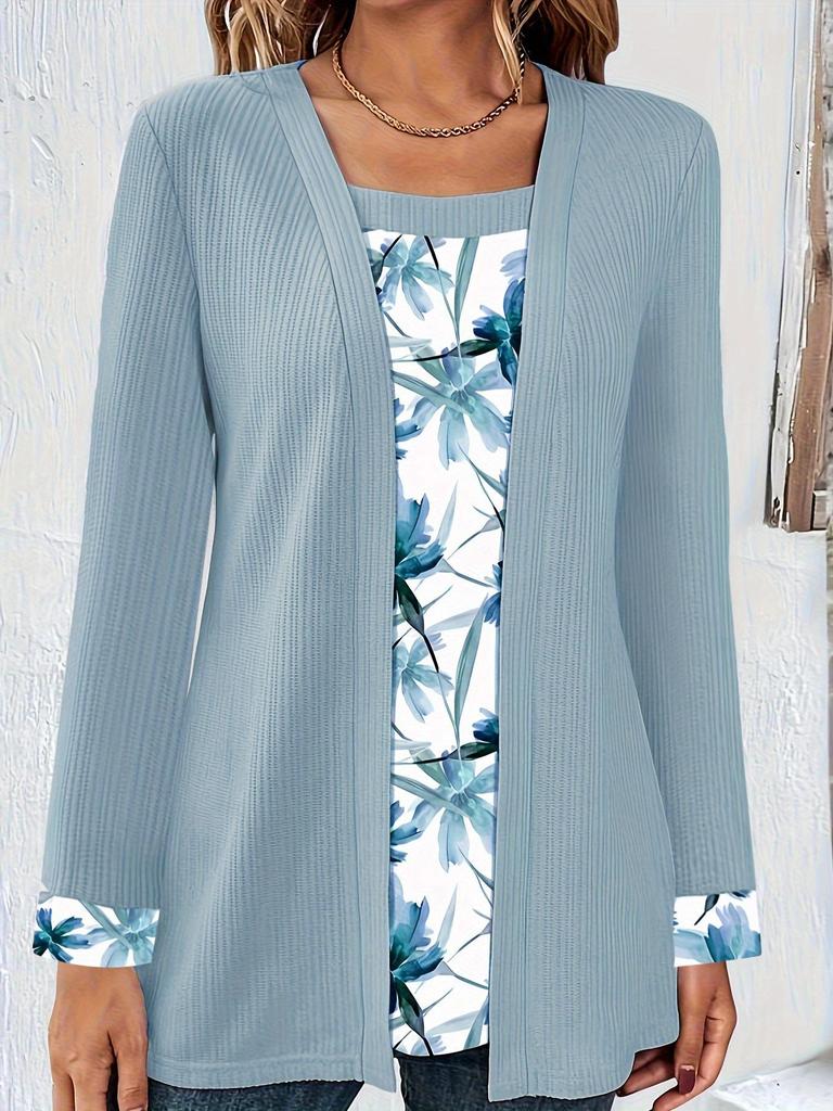2024 Autumn-Winter Women's Solid Color Printed Patchwork Long Sleeve Fake Two-Piece T-Shirt