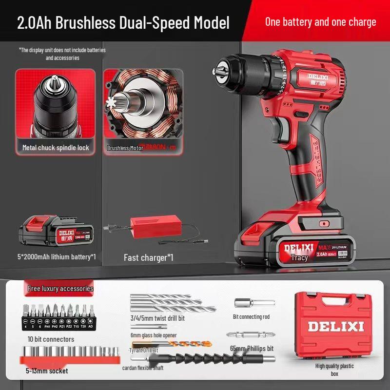 Delixi Brushless Handheld Lithium Battery Drill and Electric Screwdriver with Impact and Rechargeable Features for High-Power Household Use.