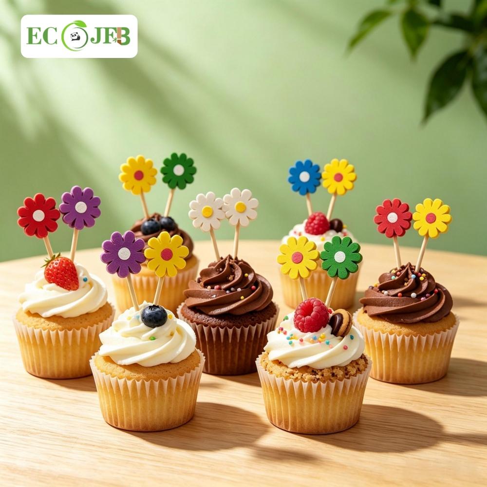 Custom 4.7 Inch Bamboo Flower Picks Colorful Daisy Food Toppers Private Label Retail Packaging Importer  Supply