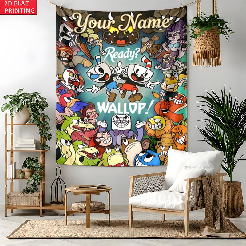 Cuphead Custom Name Tapestry Personalized Wall Art Hanging Bohemian Home Decor for Bedroom Dorm Living Room