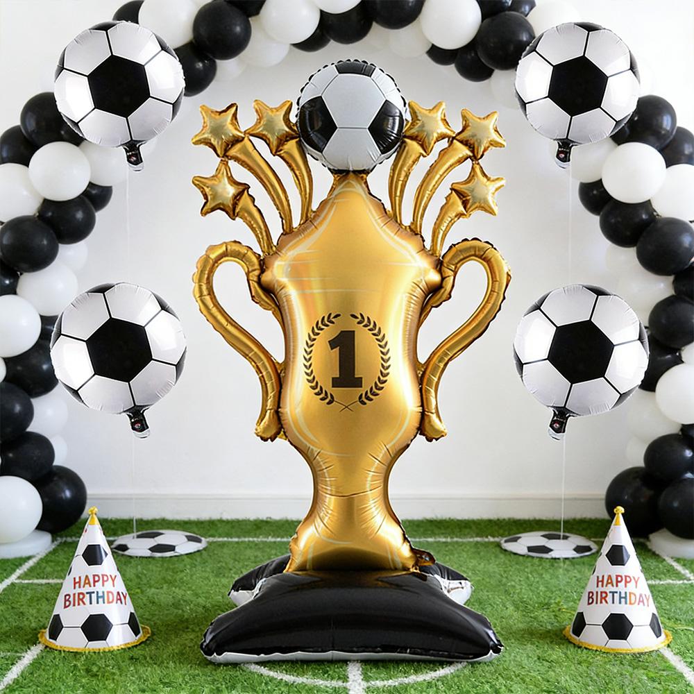5Pcs Soccer Theme Foil Balloon Set, Jumbo Standing Champion Trophy & 18-Inch Football Mylar Balloons, Aesthetic Sports Event Dec