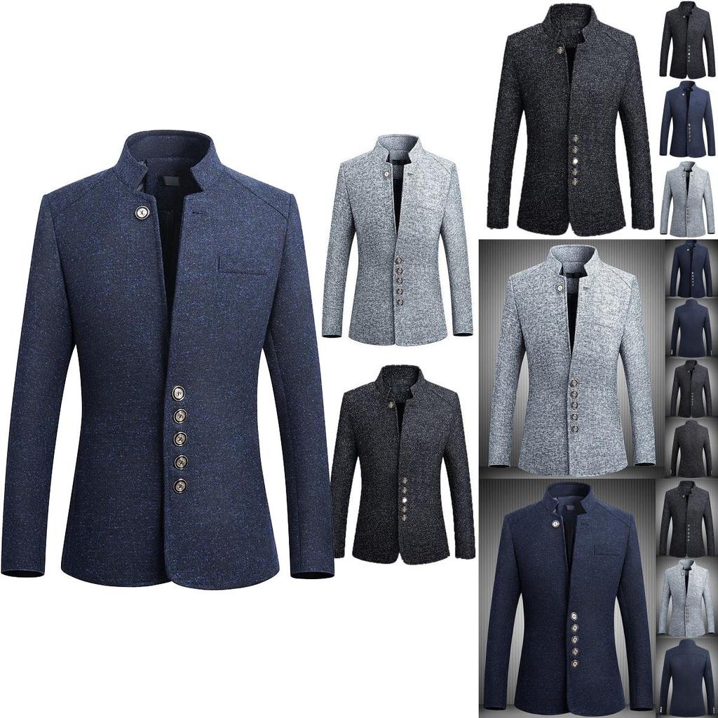 Elegant Mens Single Breasted Stand Collar Jacket Chinese Tunic Suit Business Blazer