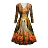 Kvinners mote V-hals Ruffle Langermet Halloween Print Slim Fit Gown Casual Dress