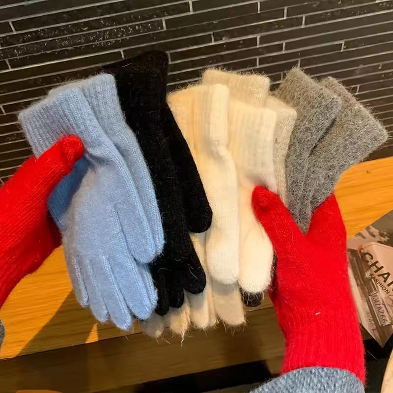 Women Winter Gloves Keep Warm Plus Cashmere Solid High Elasticity Soft Knitted Gloves Cute Lovely Multicolor Windproof Mittens