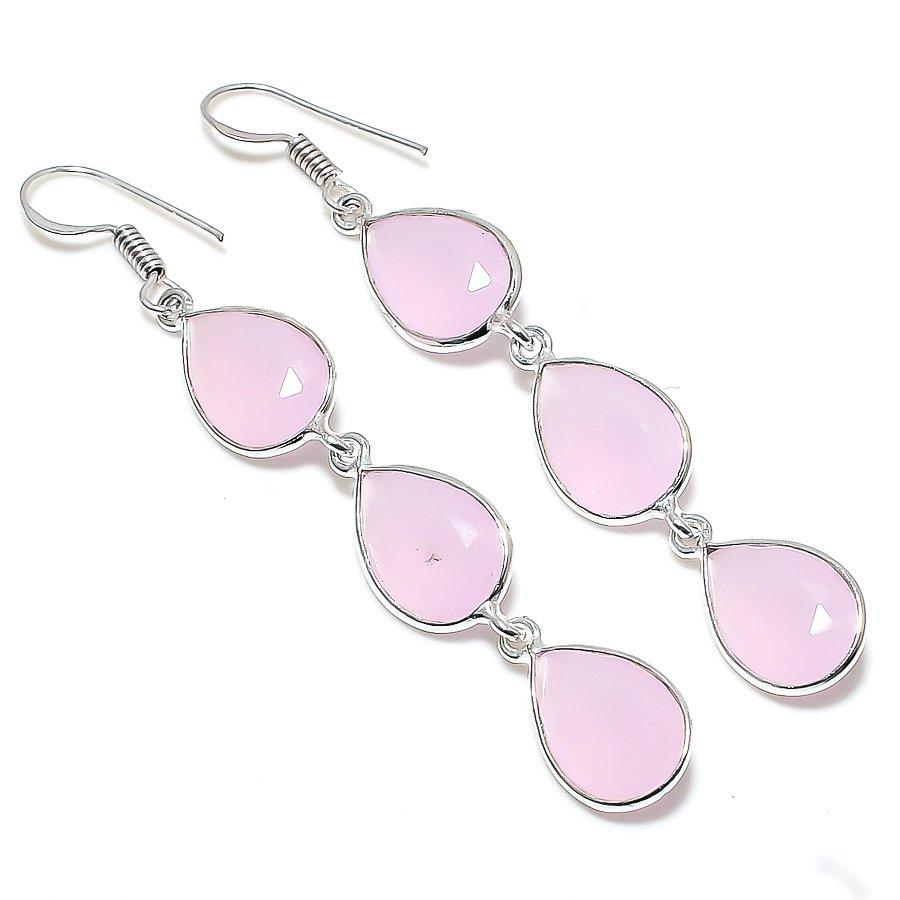 

Этнические ювелирные серьги ручной работы с розовым халцедоном и драгоценным камнем 2,84 дюйма VR-2936