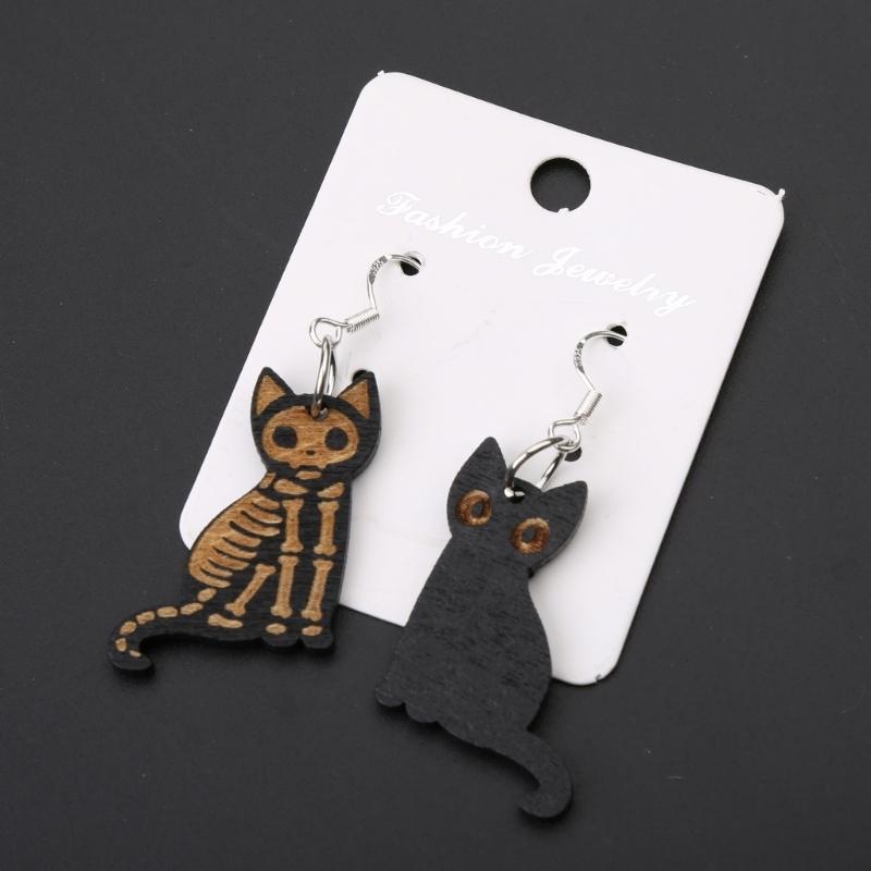 Halloween Cats Earring Wooden Black Cats Dangle Earrings Skeleton for Cats Drop Earring Pendant Jewelry Decoration