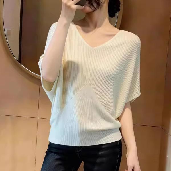 Women's Plus Size Summer Ice Silk Batwing Sleeve Knit T-Shirt - Slim Fit and Solid Color