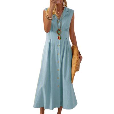 Summer Lapel V-neck Sleeveless Shirt Dress High-Waist Single Breasted Waist Tight Solid Color Midi Dress Workwear