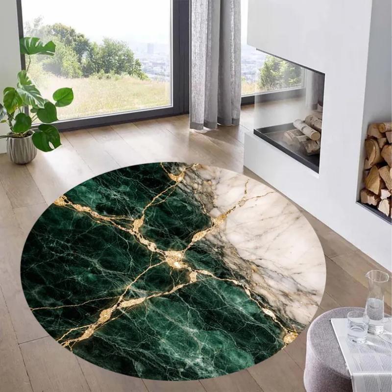 Luxury Teal Gold Agate Marble Round Rug Non Slip Soft Floor Carpet Entryway Hallway Modern Living Room Decor