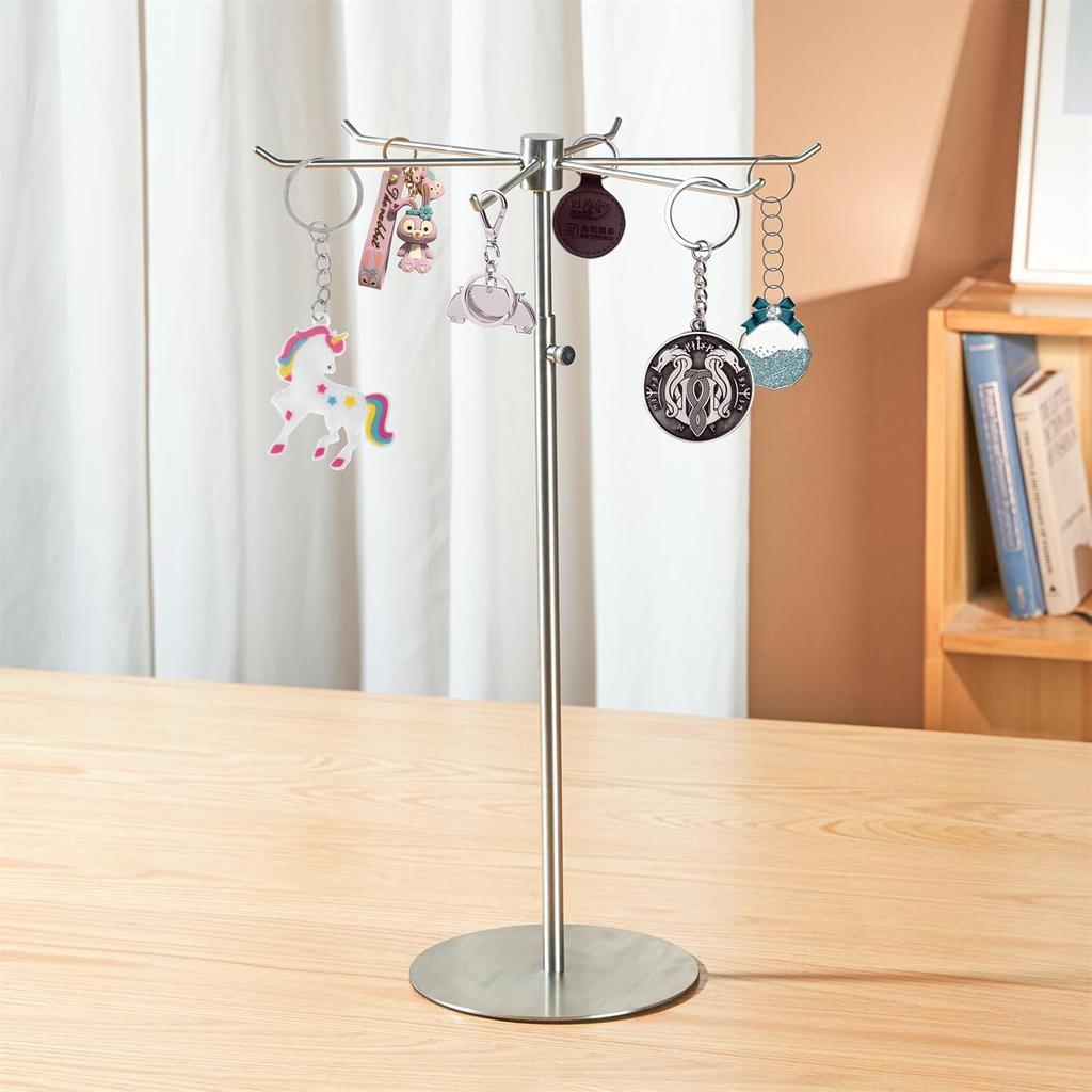 Rotating Keychain Display Stand - Height-adjustable Brushed Silver Metal Jewelry Organizer - Long Necklace Display Stand with 6 Hook -