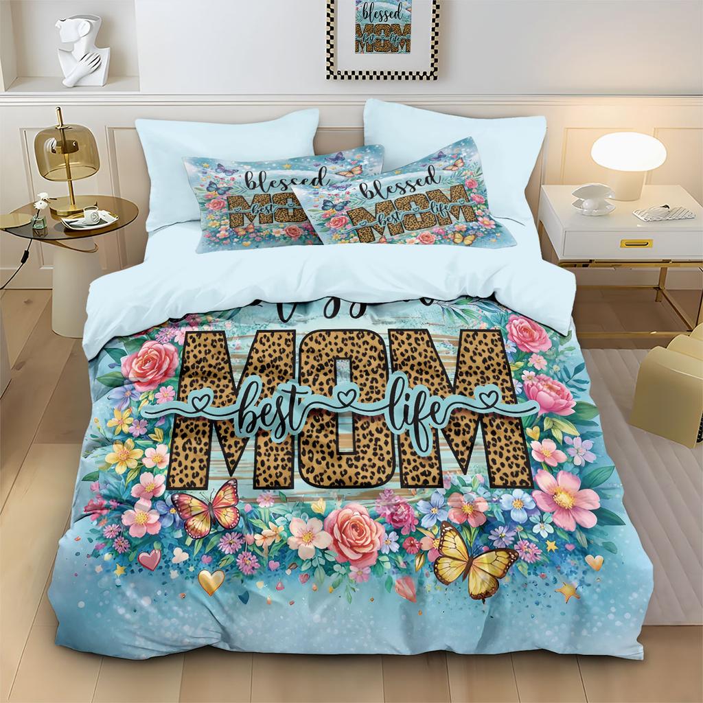 3Pcs Mother'S Day Floral Printed Down Duvet Cover Set, Multi Size Bedroom Bedding Decoration, Machine Washable