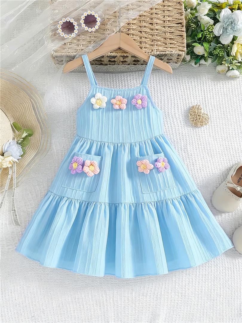 Girls Sky Blue Textured Spaghetti Strap Tiered Dress With 3D Flower Applique Multi Kids Summer Party Sundress 100cm небесно-голубой