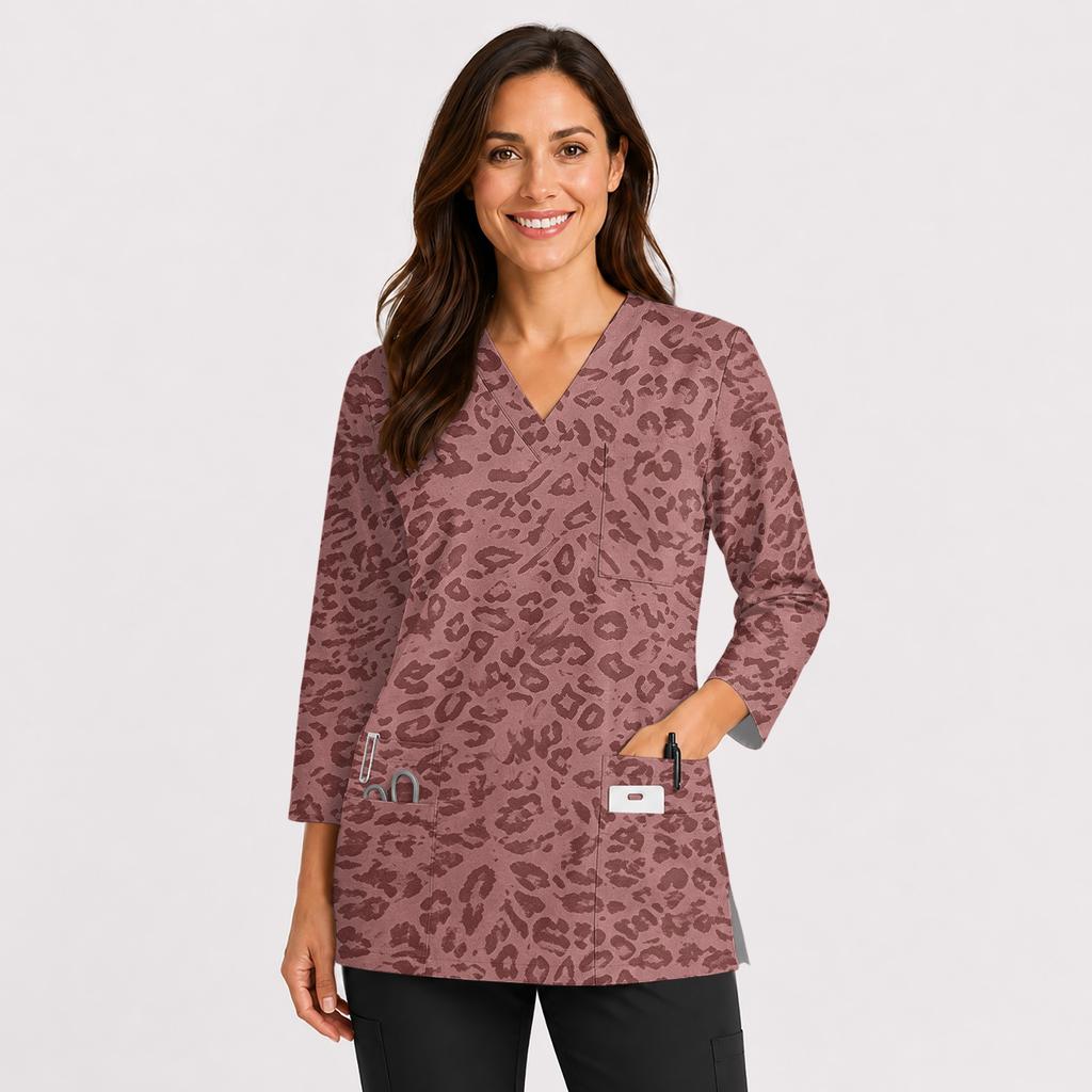 Women's Printed Scrub Top, V-Neck, Double Pockets, Side Slit, 3/4 Sleeve