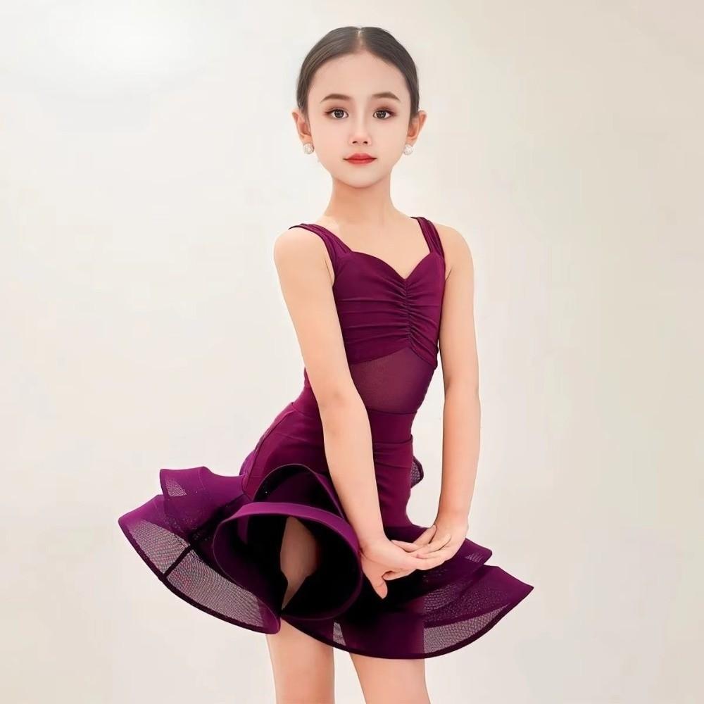 Purple Ballroom Dance Costume Professional Stage Costume Kids Latin Dance Dress  Children Girls