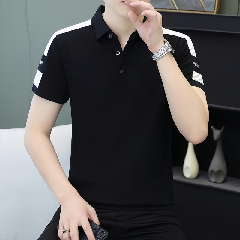 Contrast Button Fashion Men's POLO Shirt Short-sleeved Trendy Business Casual Printed T-shirt Lapel Top