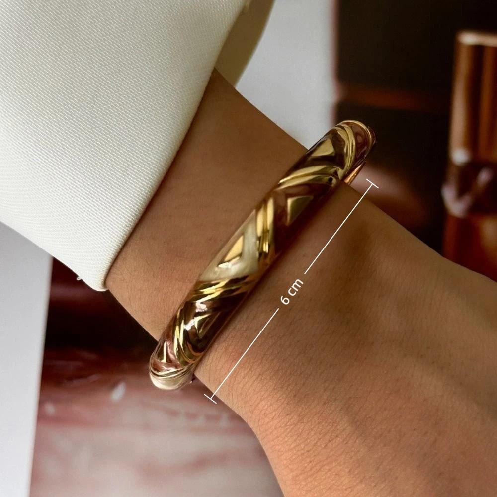Geometric Striped Vintage Coffee Brown Enamel Wide Cuff Bracelet Open Bracelet Daily Party