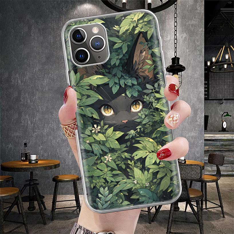 Anime Cute Black Cat Meow Soft Phone Case For IPhone 11 17 Air 16E 16 Pro Max 15 + 14 Plus 13 Mini 12 Apple 7 SE 8 Fundas Coque