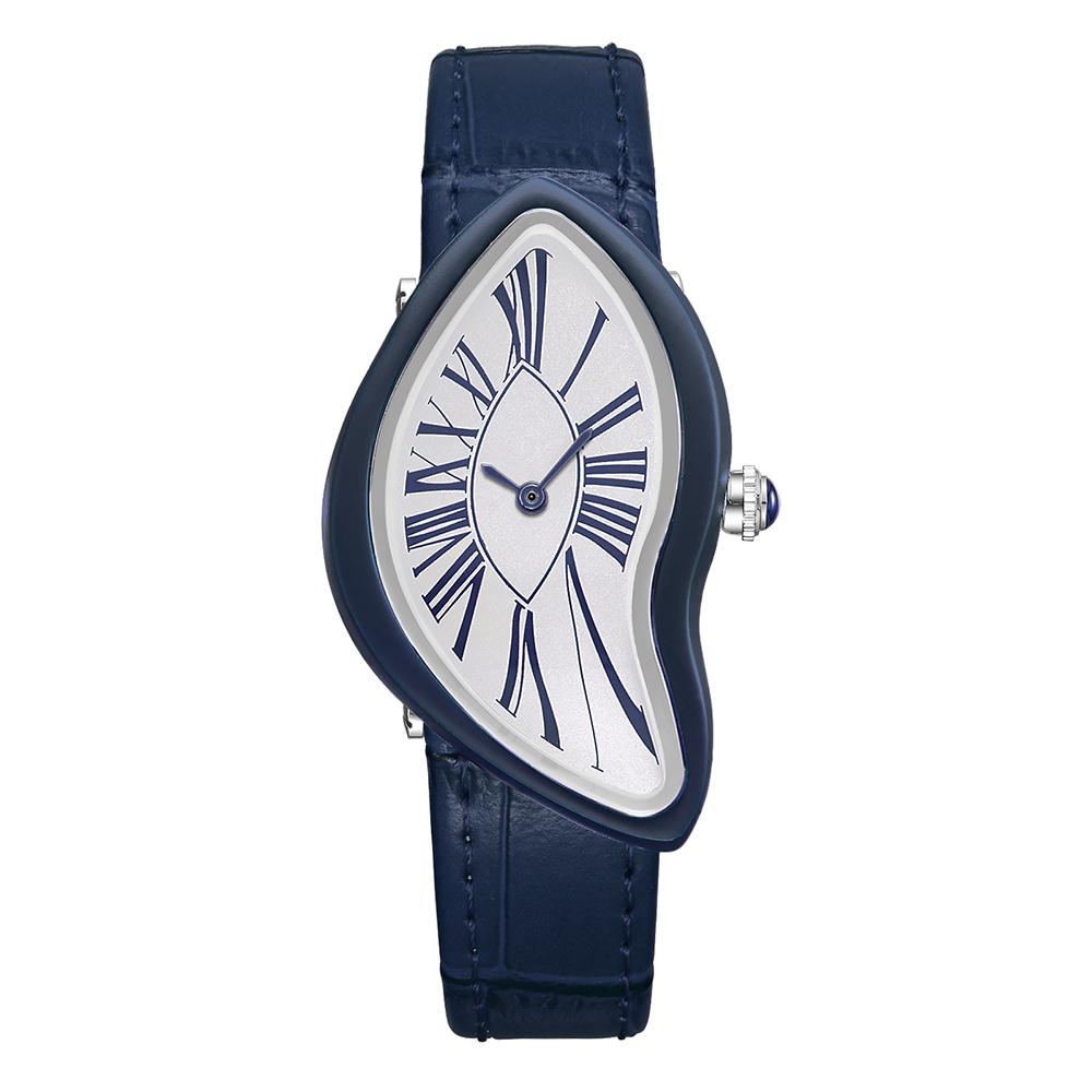 Dali Schmelzende Verzerrte Uhr Unregelmäßiges Römisches Zifferblatt Schwarzes Echtes Lederarmband Surrealistische Kunst Damenuhr Quarz Armbanduhr