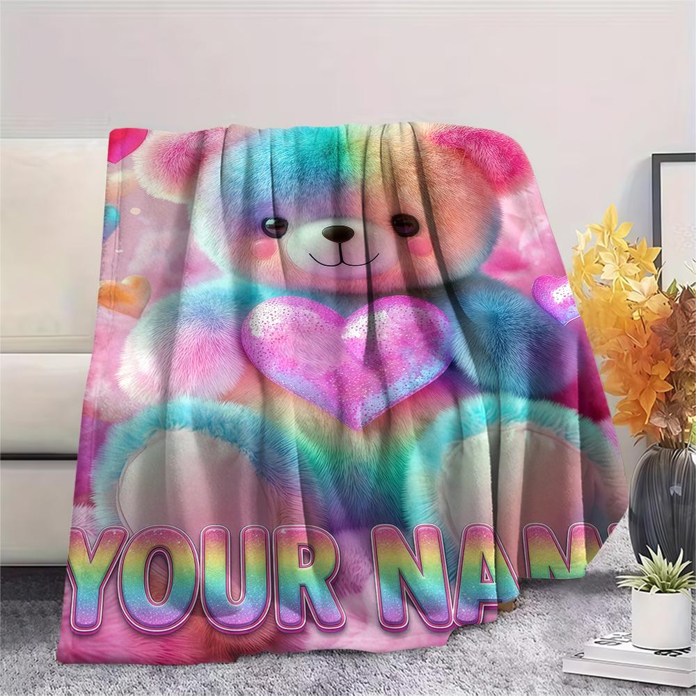 1PC Custom Name Rainbow Heart Bear Love Patterned Flannel Blanket Suitable For All Seasons for Home Decor Warmth and Comfort Gifts Holiday Present_lx